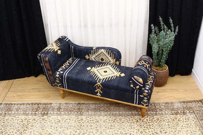 Bohemian Kilim Design Lounging Chair - Vintage Upholstered Armchair for Living Room, Meditation Bench, Sleeper Sofa