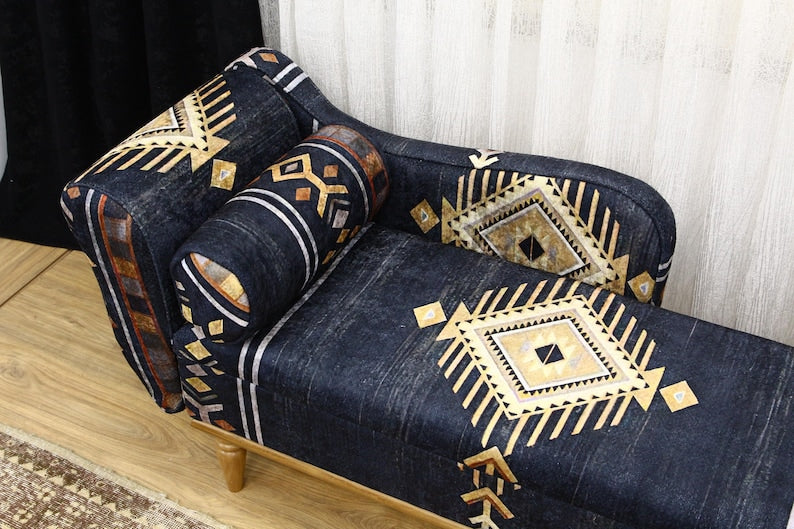 Bohemian Kilim Design Lounging Chair - Vintage Upholstered Armchair for Living Room, Meditation Bench, Sleeper Sofa