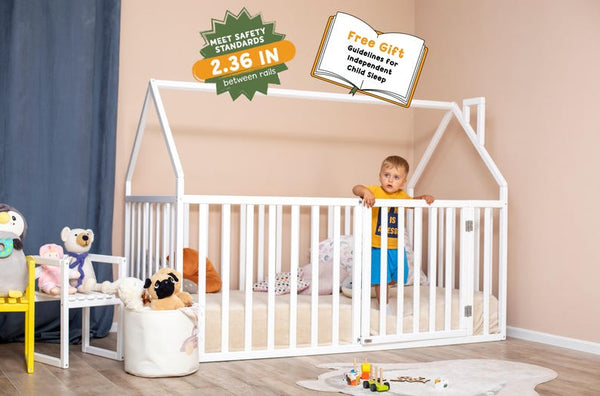 Premium Montessori Toddler Floor Bed with High Rails - Indoor Playhouse & Platform Bed