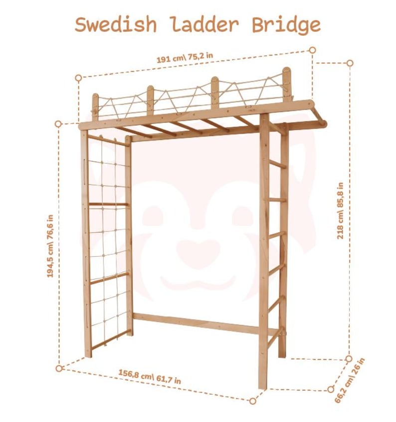 88x78" Giant Bridge Swedish Ladder & 1 Optional Rope Accessory: Gymnastics Rings, Waldorf Ladder, Baby Swing, Nursery Mobile Home Gym