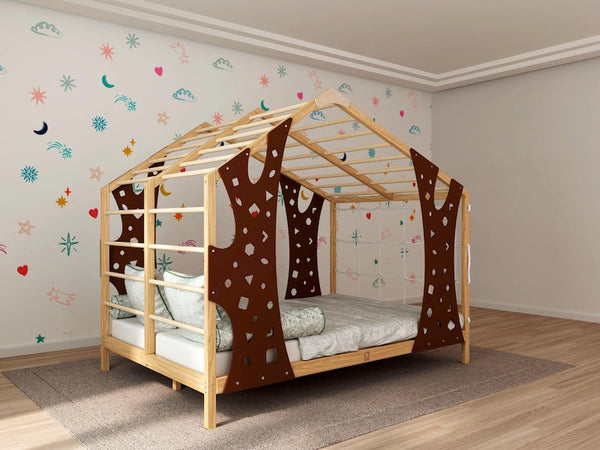 Montessori Wooden Playhouse Bed with Integrated Toddler Gym - Safe & Engaging Indoor Climbing Frame