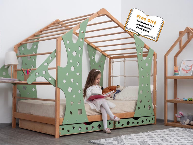 Busywood Montessori Toddler Bed with Legs and Monkey Set - Climbing Bed, Storage Bed, Nursery Decor, Engaging Wooden Furniture