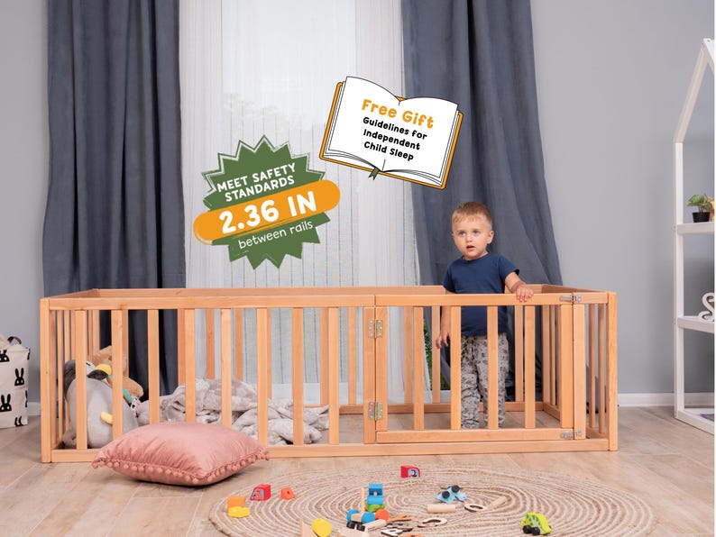 Montessori Floor Bed with Toddler Gym & Nursery Decor - Natural Alder Wood
