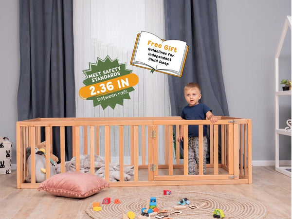 Montessori Floor Bed with Toddler Gym & Nursery Decor - Natural Alder Wood