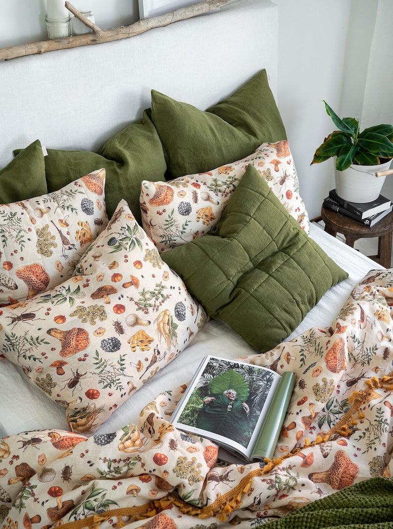 Mushroom Linen Pillowcase, Mushroom Pillow Cover, Linen Cushion Cover with Pattern. Standard, Queen, King, Body, Euro sham, Deco Pillowcase