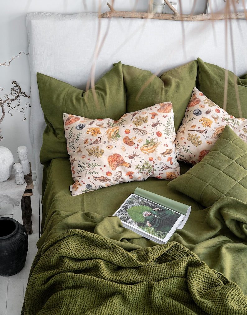 Mushroom Linen Pillowcase, Mushroom Pillow Cover, Linen Cushion Cover with Pattern. Standard, Queen, King, Body, Euro sham, Deco Pillowcase