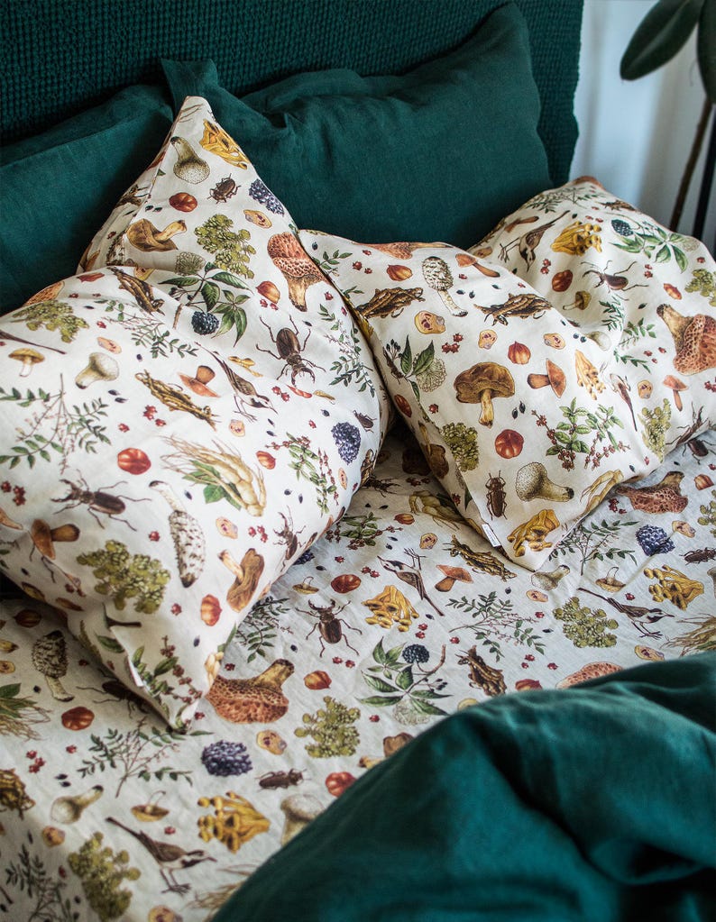 Mushroom Linen Pillowcase, Mushroom Pillow Cover, Linen Cushion Cover with Pattern. Standard, Queen, King, Body, Euro sham, Deco Pillowcase