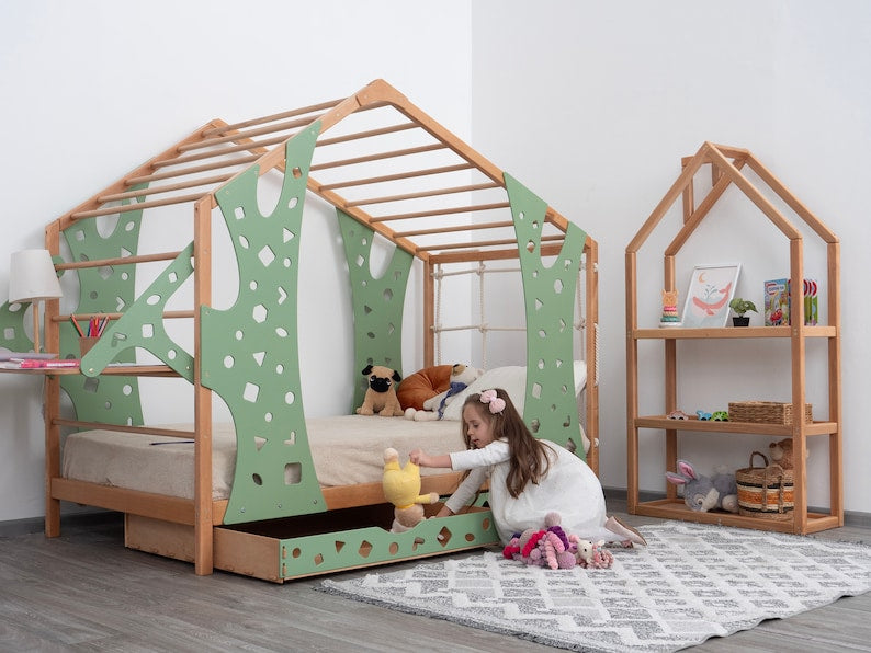 Busywood Montessori Toddler Bed with Legs and Monkey Set - Climbing Bed, Storage Bed, Nursery Decor, Engaging Wooden Furniture