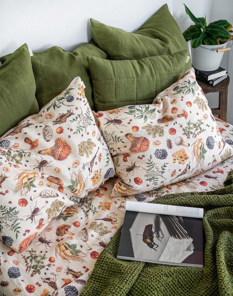 Mushroom Linen Pillowcase, Mushroom Pillow Cover, Linen Cushion Cover with Pattern. Standard, Queen, King, Body, Euro sham, Deco Pillowcase