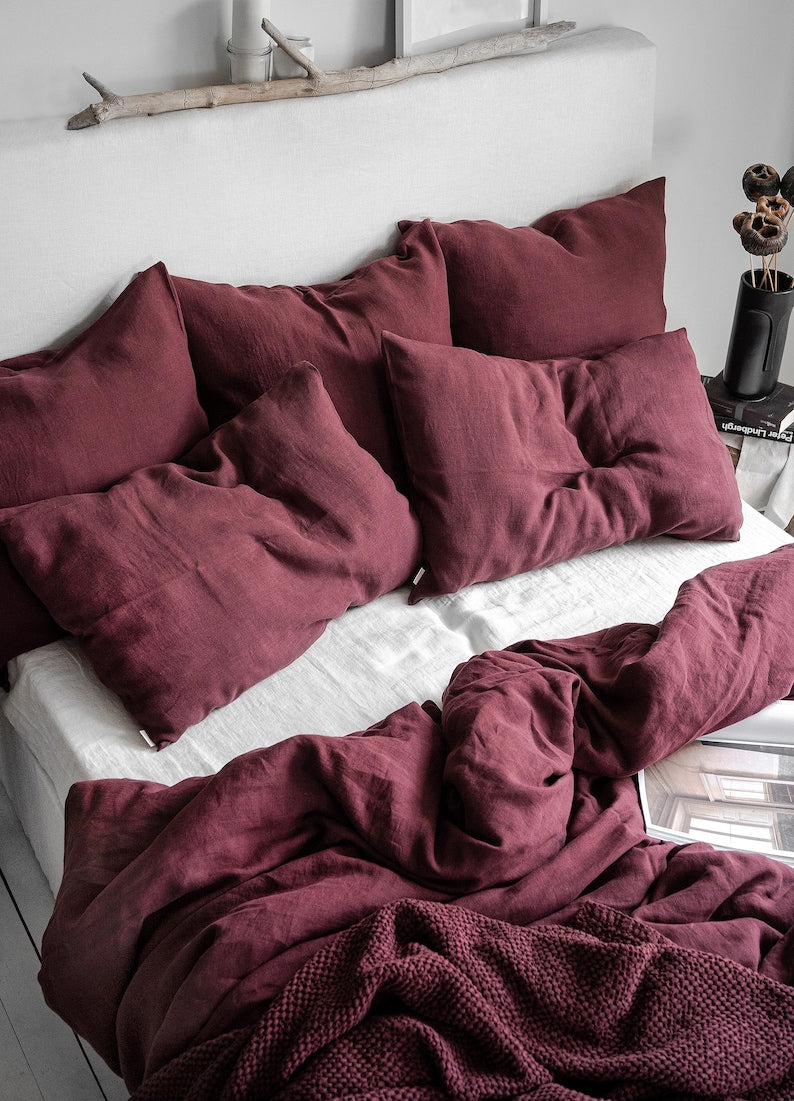 Burgundy Stonewashed Linen Bedding Set. 3 Piece Set in King, Queen, Twin, Double sizes. Red Linen bedding set: 2 Pillowcases & Duvet Cover. $100