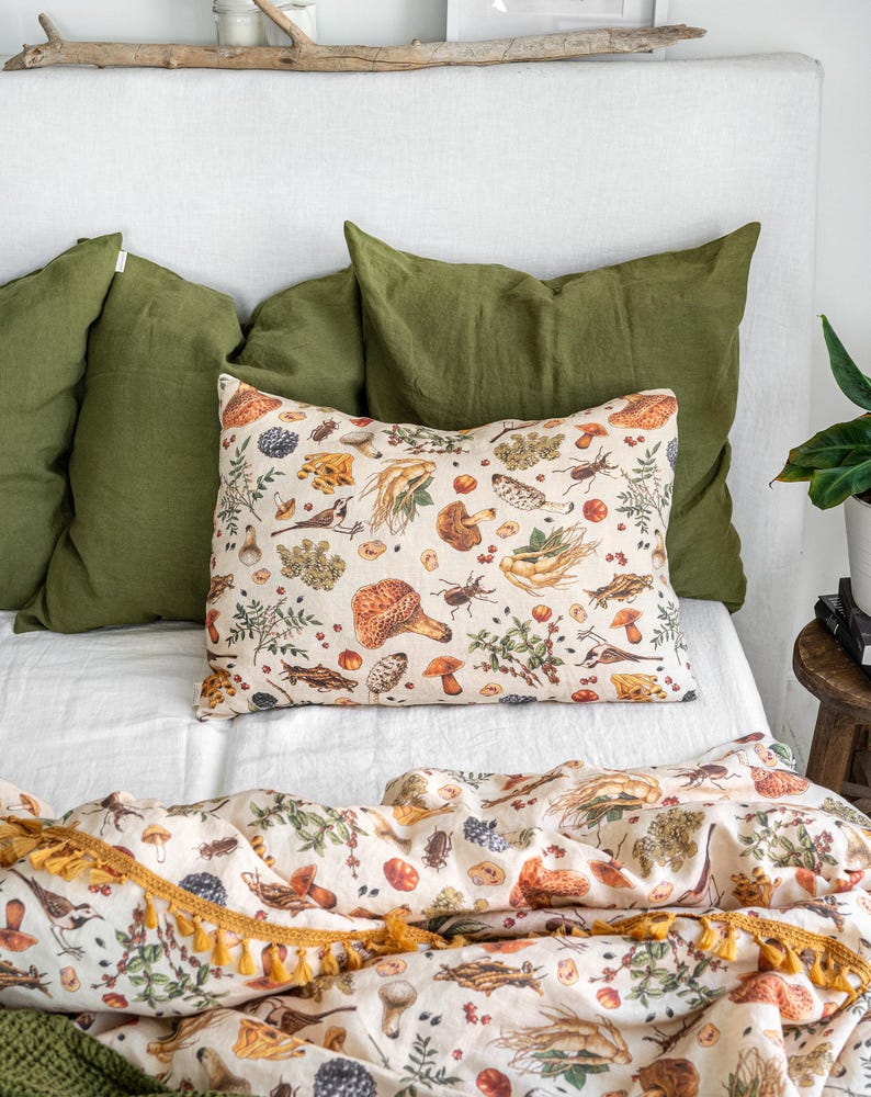 Mushroom Linen Pillowcase, Mushroom Pillow Cover, Linen Cushion Cover with Pattern. Standard, Queen, King, Body, Euro sham, Deco Pillowcase