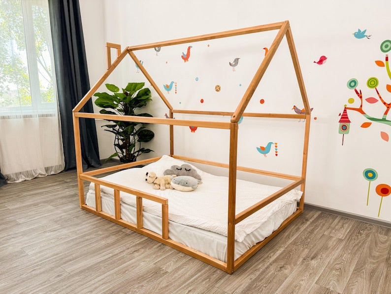 Montessori Toddler Floor Bed with Canopy - House Bed Frame for Kids, Playful Nursery Decor, Safe & Engaging Wooden Furniture