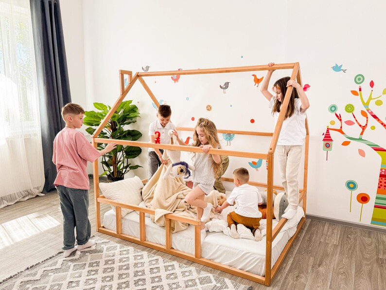 Montessori Toddler Floor Bed with Canopy - House Bed Frame for Kids, Playful Nursery Decor, Safe & Engaging Wooden Furniture