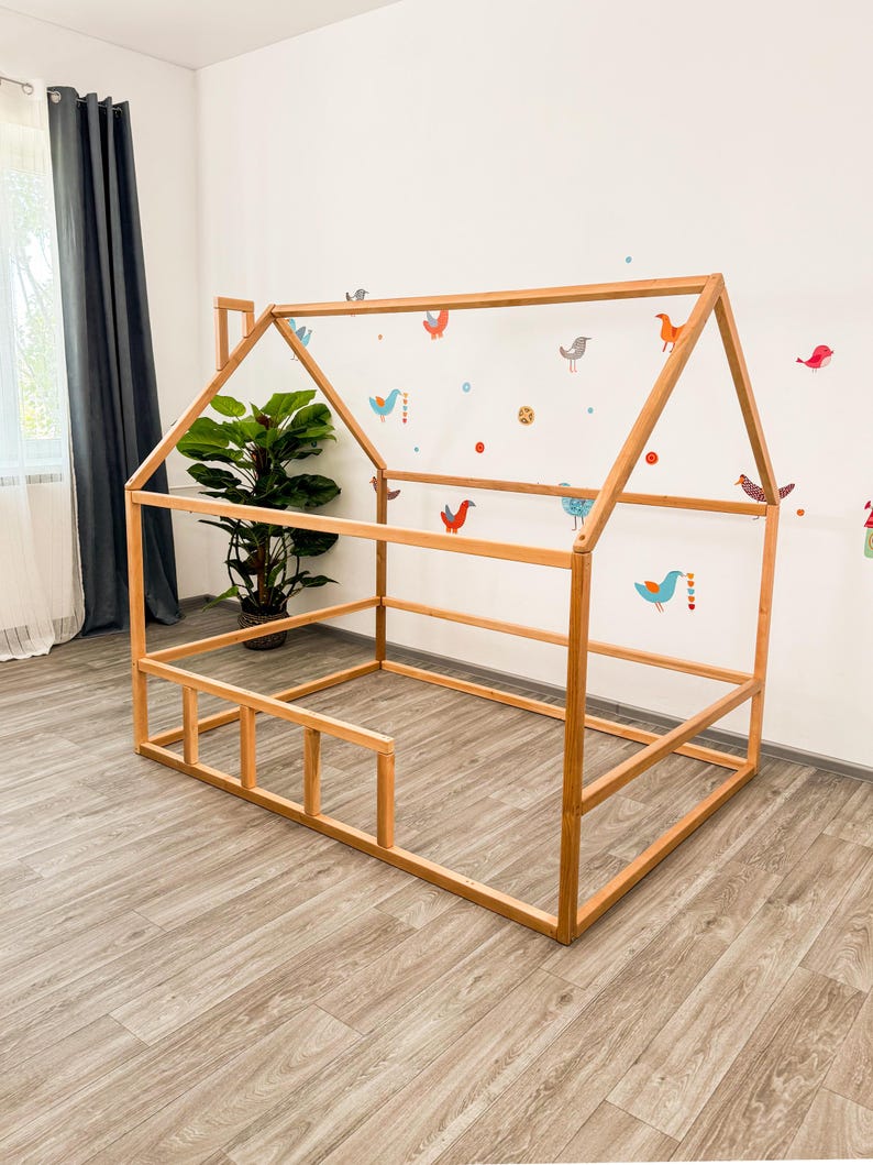 Montessori Toddler Floor Bed with Canopy - House Bed Frame for Kids, Playful Nursery Decor, Safe & Engaging Wooden Furniture