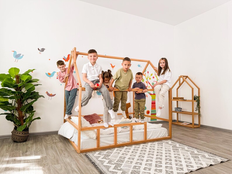 Montessori Toddler Floor Bed with Canopy - House Bed Frame for Kids, Playful Nursery Decor, Safe & Engaging Wooden Furniture