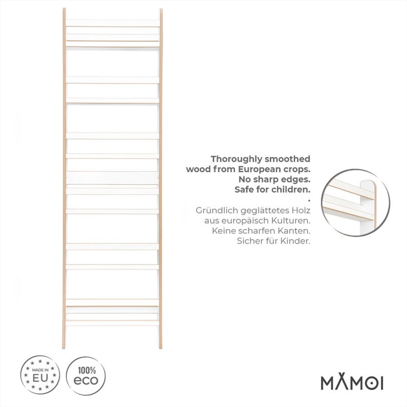 MAMOI® Montessori Wooden Bookshelf for Kids - Child-Safe Toddler Bookcase for Nursery & Playroom