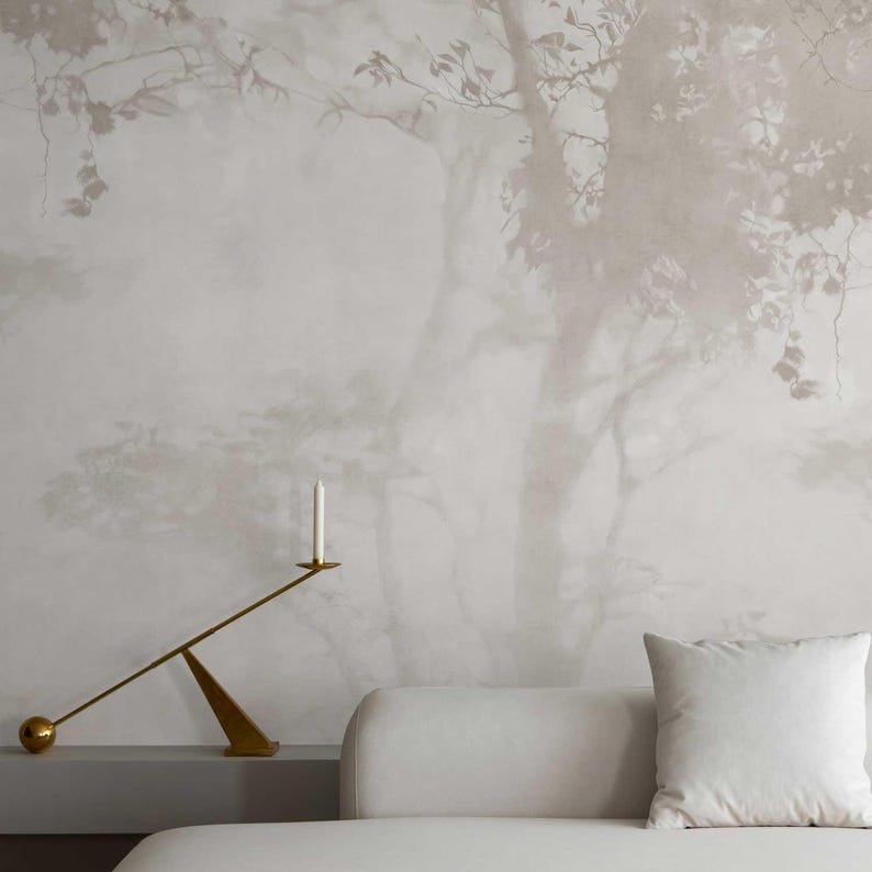 Serene Forest Landscape Wallpaper - Neutral Toned Tree Wall Art for Living Room or Bedroom
