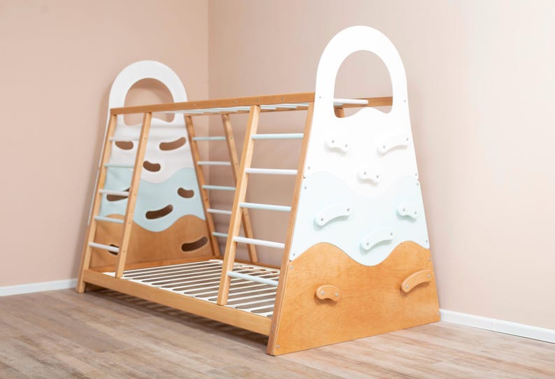 Busywood Montessori Toddler Gym Bed - Activity Play Frame with Climbing Wall, Natural Wood for Indoor Adventures
