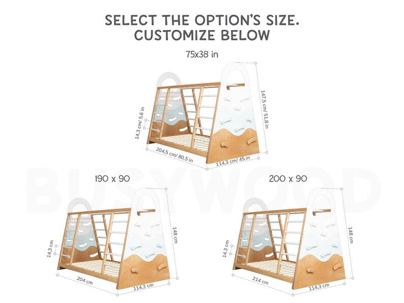 Toddler Gym Bed by Busywood, Montessori Bed Frame, Wooden Activity Gym, Kids Bed with Climbing Wall, Bed with Slats, Indoor Playground