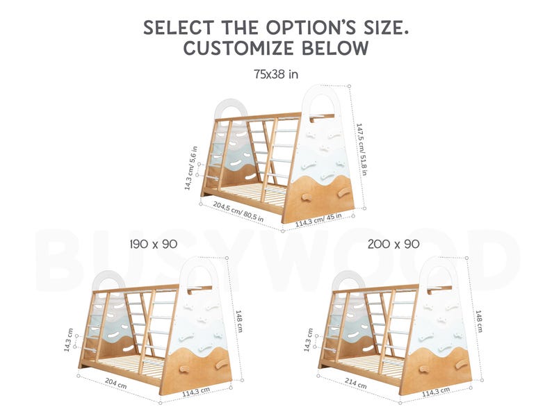 Busywood Montessori Toddler Gym Bed - Activity Play Frame with Climbing Wall, Natural Wood for Indoor Adventures