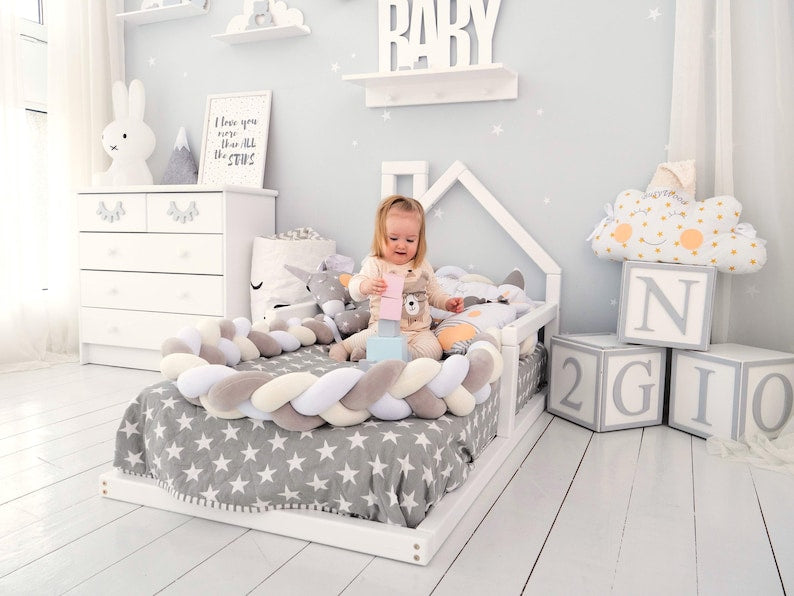 Wooden Montessori Floor Bed for Toddlers - Safe & Engaging Kids House Bed Frame