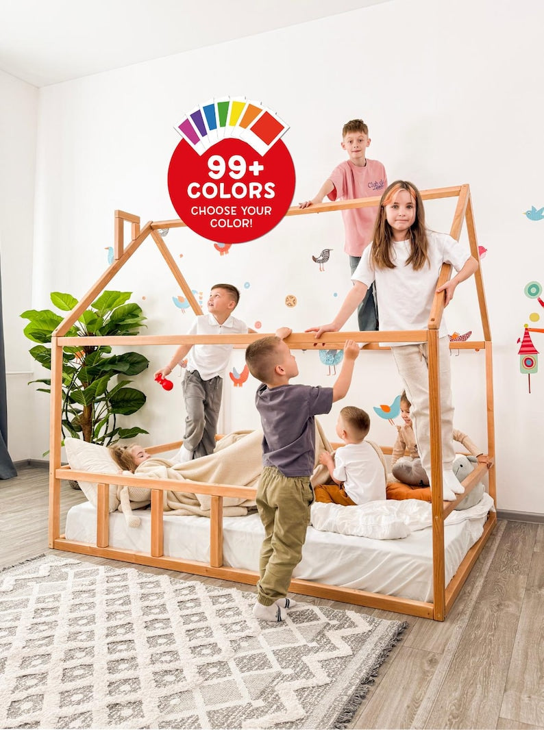 Montessori Toddler Floor Bed with Canopy - House Bed Frame for Kids, Playful Nursery Decor, Safe & Engaging Wooden Furniture