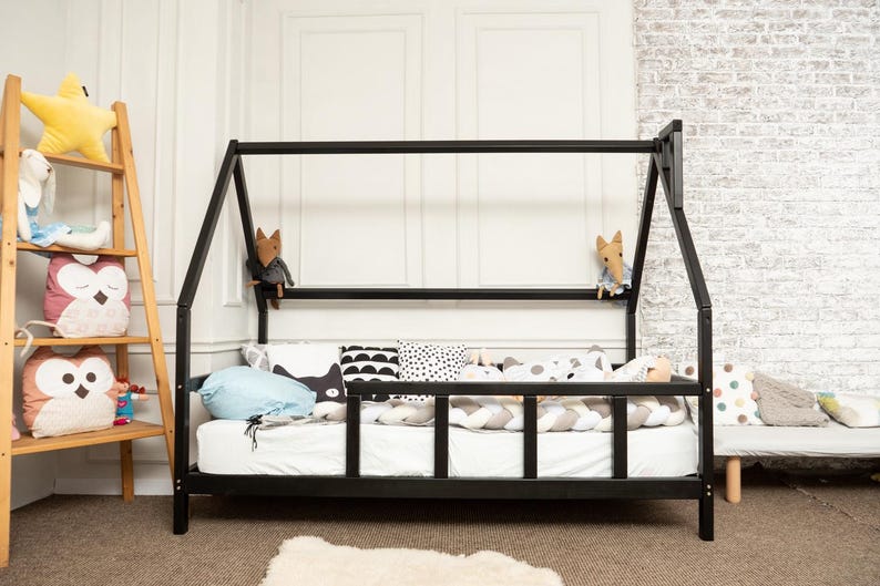 Montessori Wooden House Bed Frame - Toddler Floor Bed with Canopy Option, Twin Size, Natural Alder Wood with Eco-Friendly Finish, Nursery & Playroom Decor