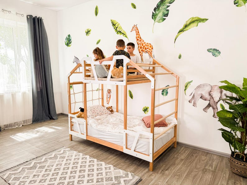 Montessori Toddler Tower Bed with Climbing Frame - Twin Size, Natural Wood for Indoor Play & Safe Sleep