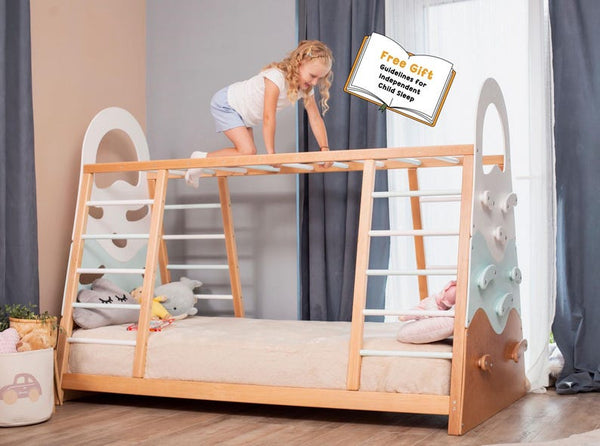 Busywood Montessori Toddler Gym Bed - Activity Play Frame with Climbing Wall, Natural Wood for Indoor Adventures