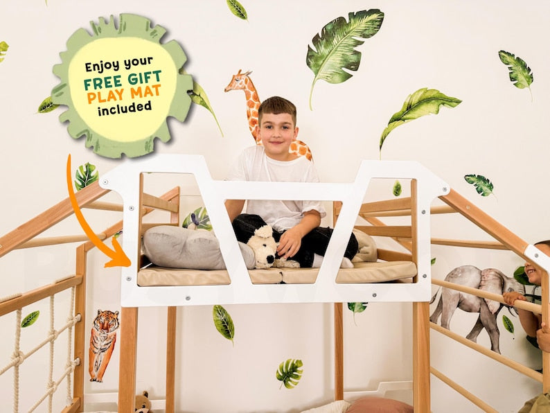 Montessori Toddler Tower Bed with Climbing Frame - Twin Size, Natural Wood for Indoor Play & Safe Sleep