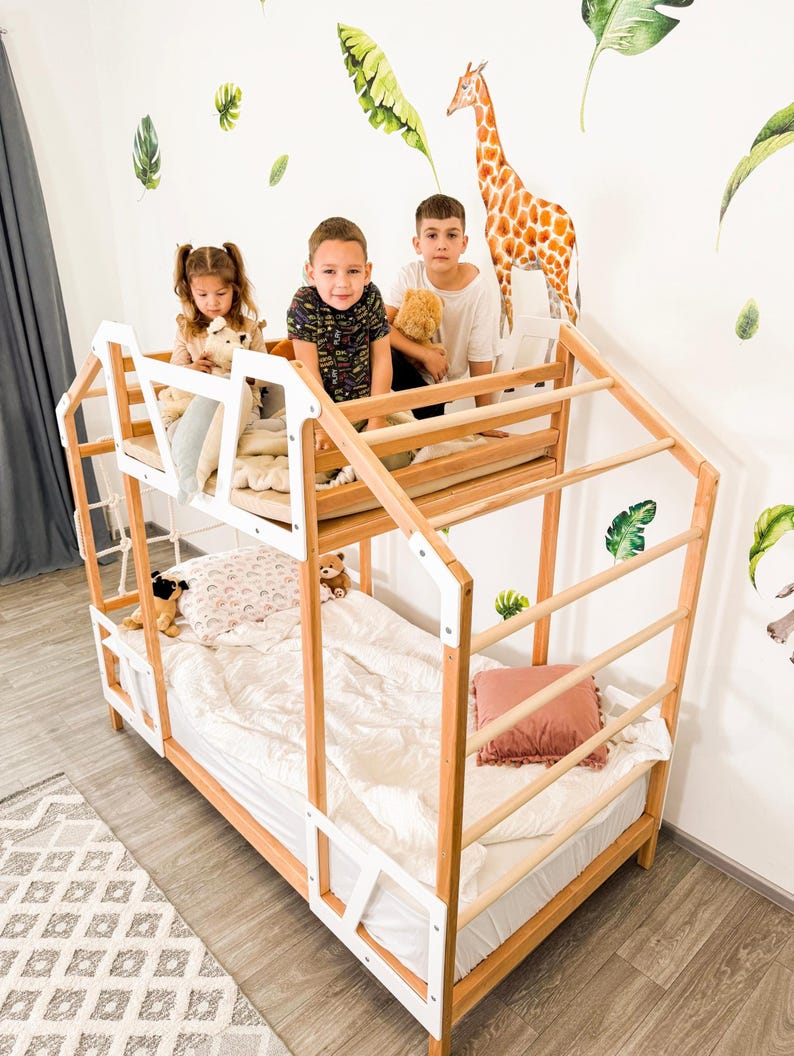 Montessori Toddler Tower Bed with Climbing Frame - Twin Size, Natural Wood for Indoor Play & Safe Sleep