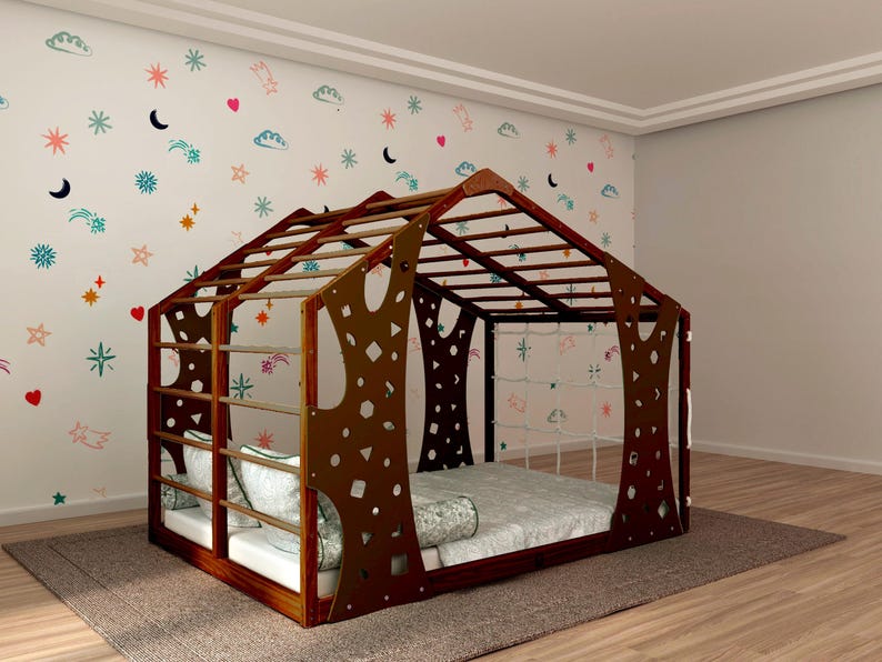 Montessori Wooden Jungle Gym Floor Bed - Indoor Playhouse & Toddler Climber for Kids - Premium Playroom Decor & Gift