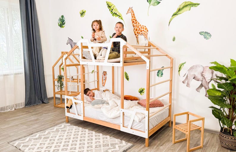 Montessori Toddler Tower Bed with Bunk Bed Frame - Twin Size for Kids' Playroom & Nursery Decor