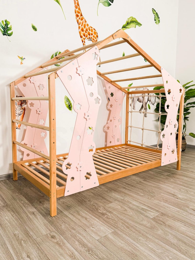 Interactive Montessori Toddler Gym Bed with Playhouse & Climbing Frame - Safe, Engaging Kids Furniture