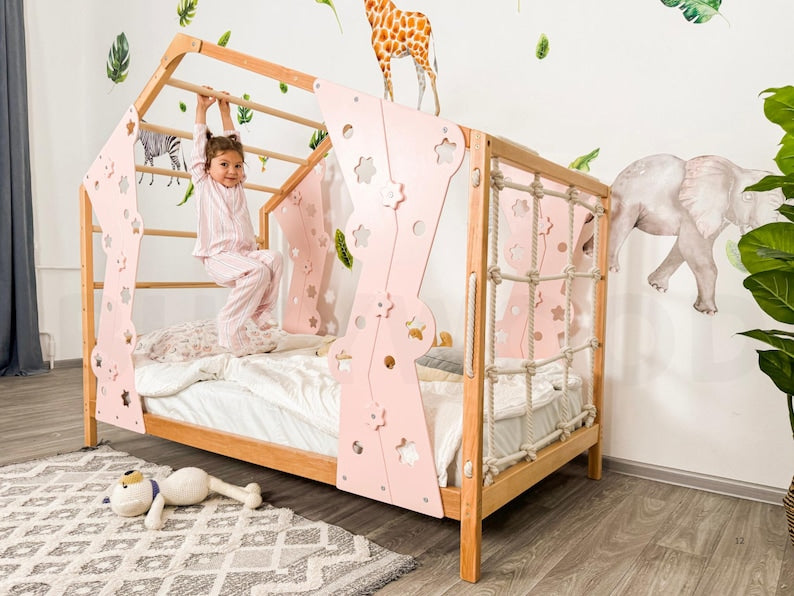 Interactive Montessori Toddler Gym Bed with Playhouse & Climbing Frame - Safe, Engaging Kids Furniture
