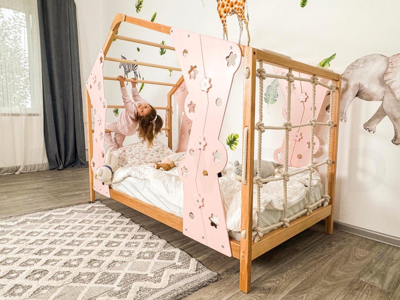 Interactive Montessori Toddler Gym Bed with Playhouse & Climbing Frame - Safe, Engaging Kids Furniture