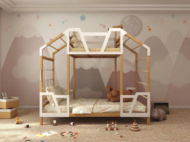 Montessori Toddler Tower Bed with Bunk Bed Frame - Twin Size for Kids' Playroom & Nursery Decor