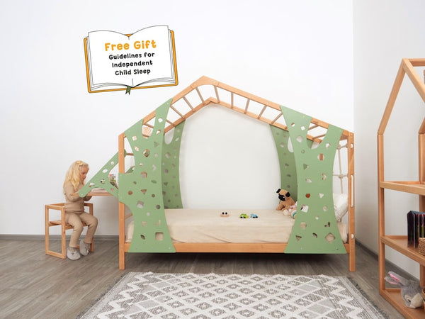 Busywood Montessori Toddler Climbing Bed Frame - Twin Loft Bed with Play Table for Nursery & Playroom
