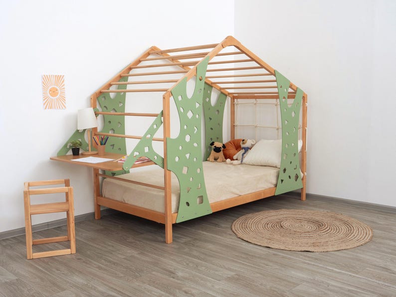 Busywood Montessori Toddler Climbing Bed Frame - Twin Loft Bed with Play Table for Nursery & Playroom