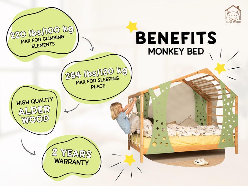 Busywood Montessori Toddler Climbing Bed Frame - Twin Loft Bed with Play Table for Nursery & Playroom