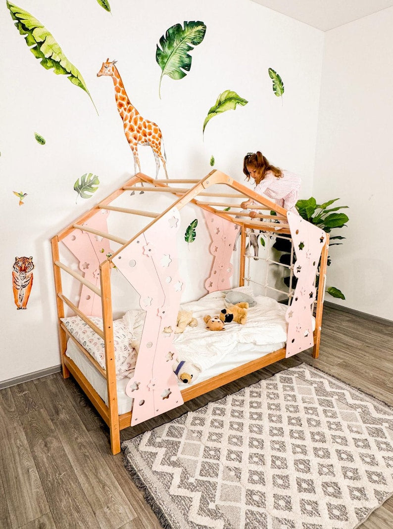 Interactive Montessori Toddler Gym Bed with Playhouse & Climbing Frame - Safe, Engaging Kids Furniture