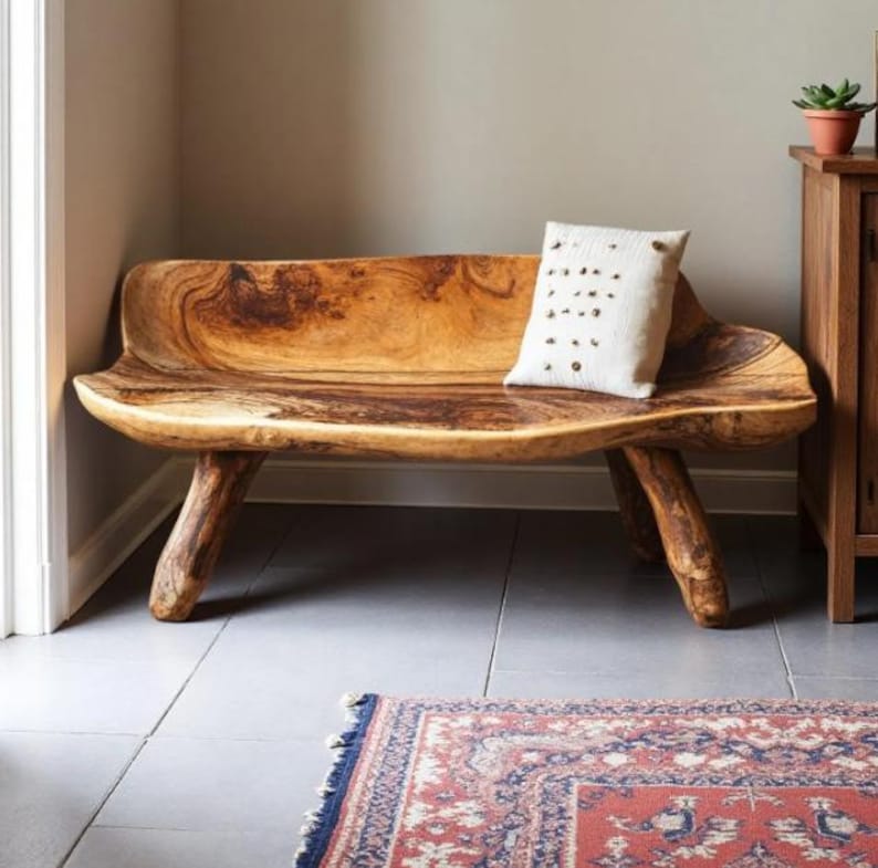 Handmade Rustic Solid Wood Bench for Entryway | Sturdy Farmhouse Furniture | Comfortable Wooden Seat
