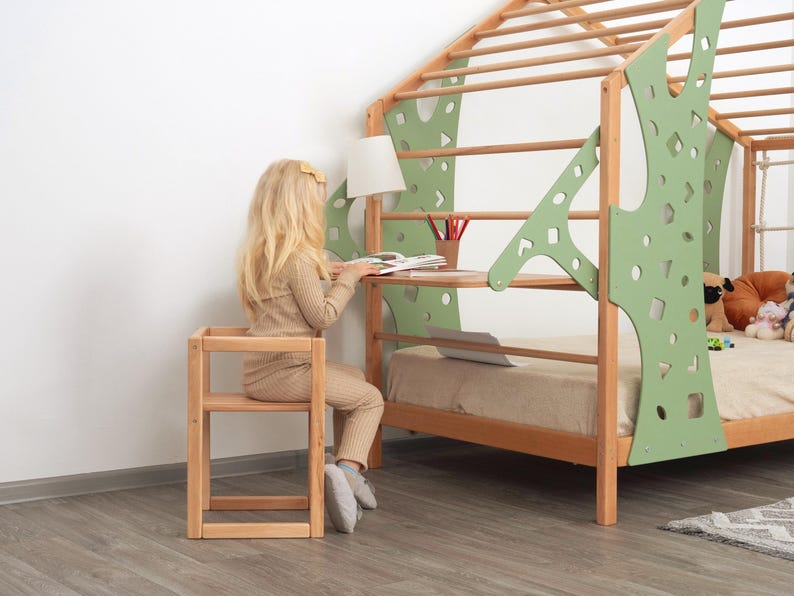 Busywood Montessori Toddler Climbing Bed Frame - Twin Loft Bed with Play Table for Nursery & Playroom