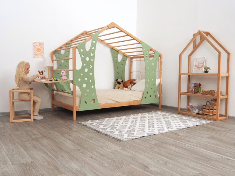 Busywood Montessori Toddler Climbing Bed Frame - Twin Loft Bed with Play Table for Nursery & Playroom