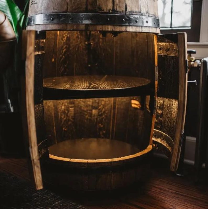 Whiskey Barrel Bar Cabinet, Bourbon Barrel Bar Furniture, Upcycled Barrel Furniture for Home Bar, Personalized Liquor Cabinet