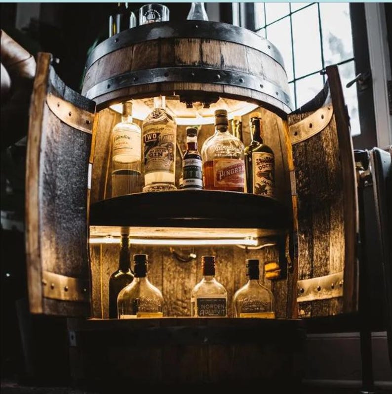 Whiskey Barrel Bar Cabinet, Bourbon Barrel Bar Furniture, Upcycled Barrel Furniture for Home Bar, Personalized Liquor Cabinet