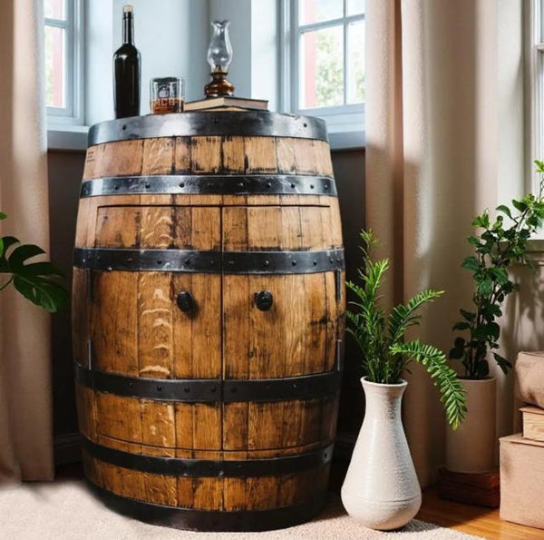 Whiskey Barrel Bar Cabinet, Bourbon Barrel Bar Furniture, Upcycled Barrel Furniture for Home Bar, Personalized Liquor Cabinet