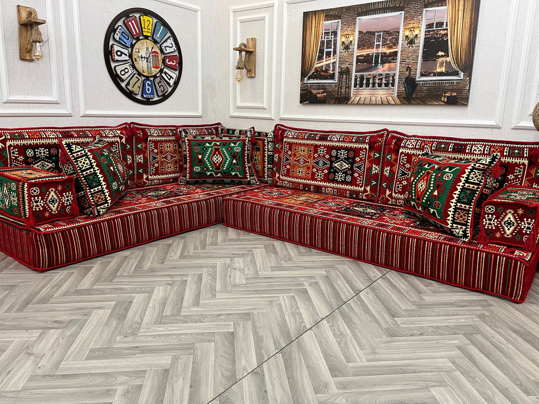 Cozy 8 inch L Shaped Arabic Majlis Sofa Set with ethnic patterns, perfect for living rooms and floor seating.