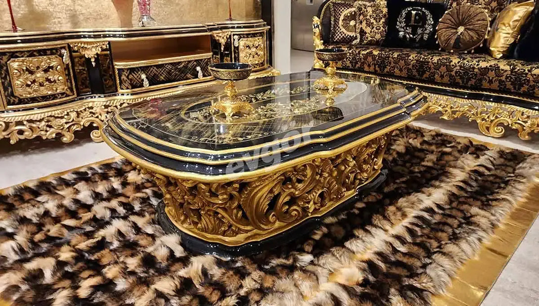 Elegant Kamelya Black Classic Sofa Set - Luxurious Design with Platinum and Gold Leaf Accents
