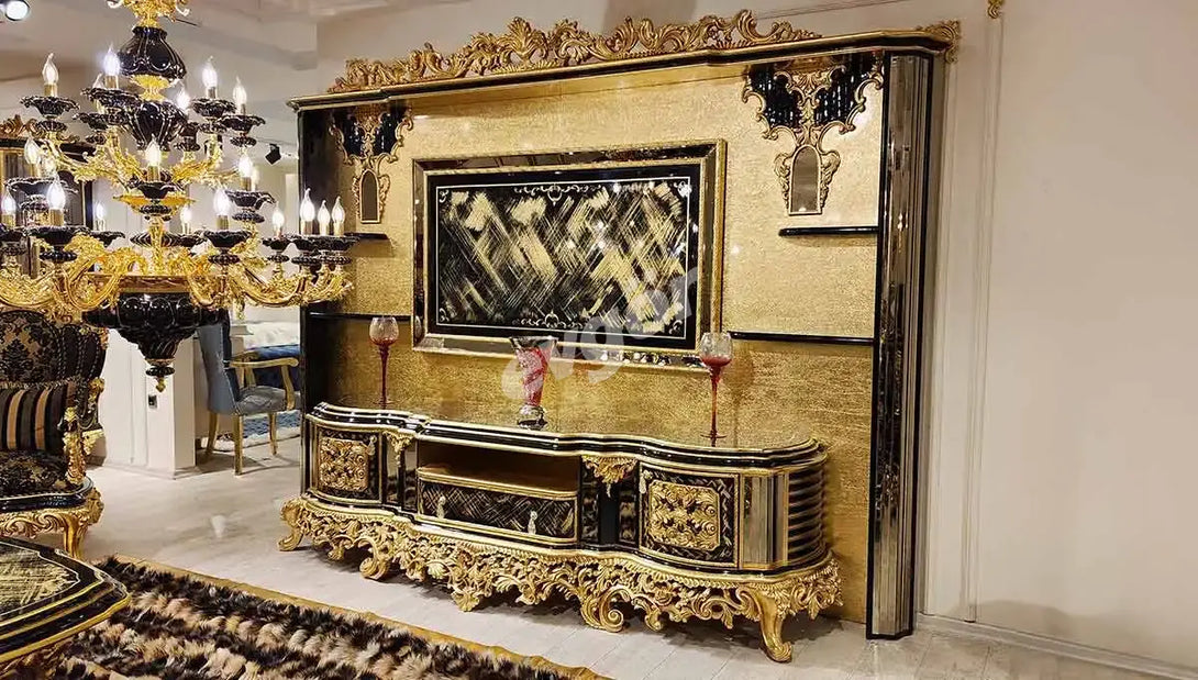 Elegant Kamelya Black Classic Sofa Set - Luxurious Design with Platinum and Gold Leaf Accents